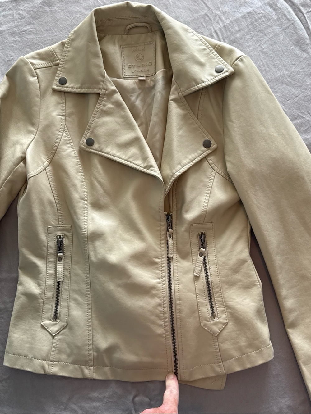 Max Studio Cream Leather Moto Jacket with Asymmetric Zip